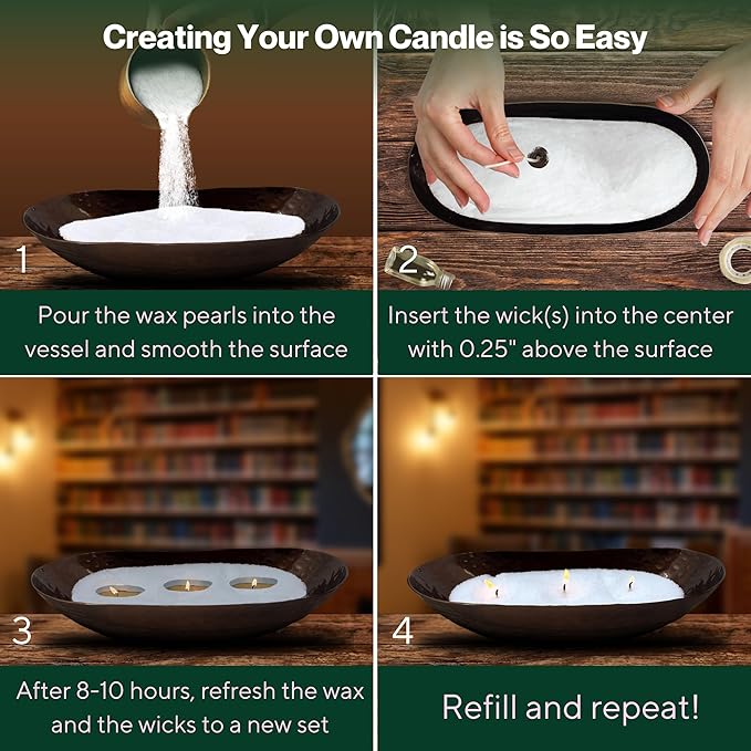 LILY LADUE 1lb/16OZ Pearled Candles Sand and Wicks with Bronze Bowl - White Unscented Plant-Based Pearl Sand Wax with 24 Wicks, Gift-Ready DIY Candle Making Kit with Reusable Powder Wax Beads