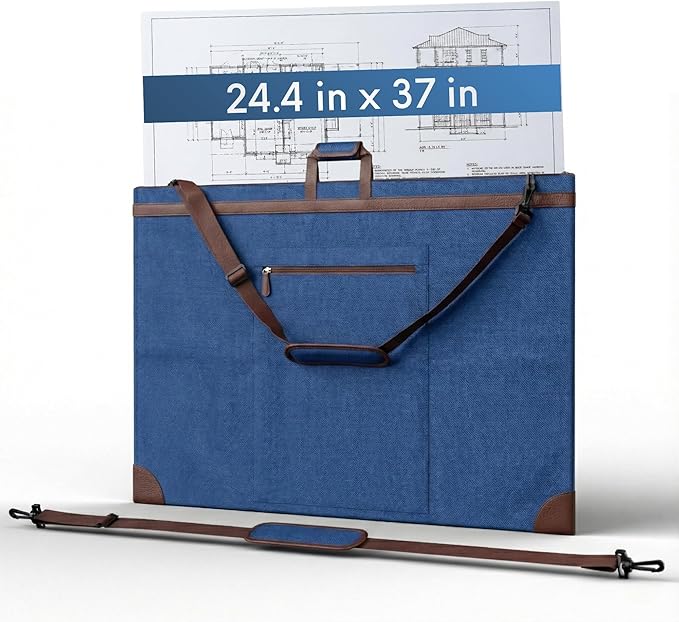 Large 24 x 36 inches Art Portfolio Bag, Fits ARCH D Blueprints, Posters & Art Prints, Waterproof Artist Case with Shoulder Strap, Durable Blue Carrying Tote for Architects, Designers & Students