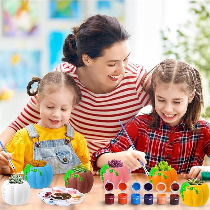 Pasimy 6 Set DIY Ceramic Succulent Planter Pots Paint Your Own Flower Pots Craft Kit Unpainted Bisque Paintable Flowerpot with Brush Palette Ready to Paint for Family Activity Gift(Pumpkin)