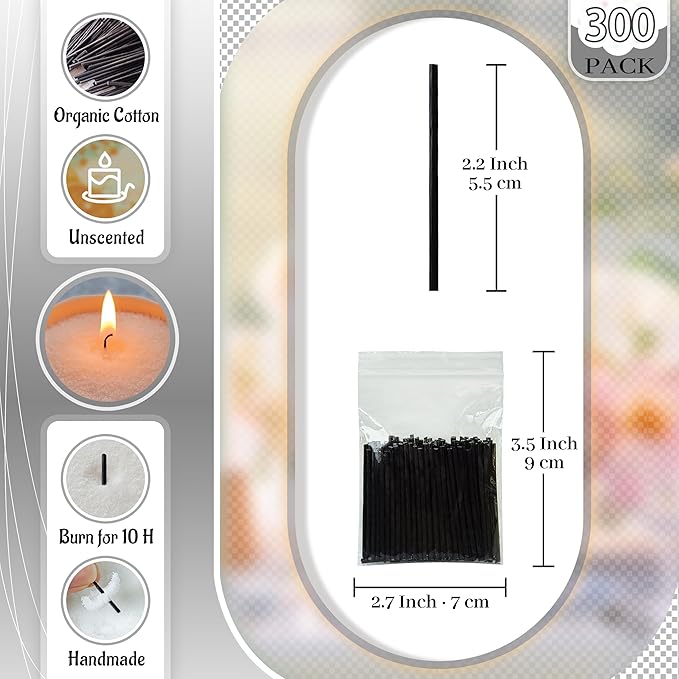 2" Black Cotton Candle Wicks 300 Pack – Metal-Free & Lead-Free for Pearled Candles Sand Wax Extra Refill, DIY Candle Making