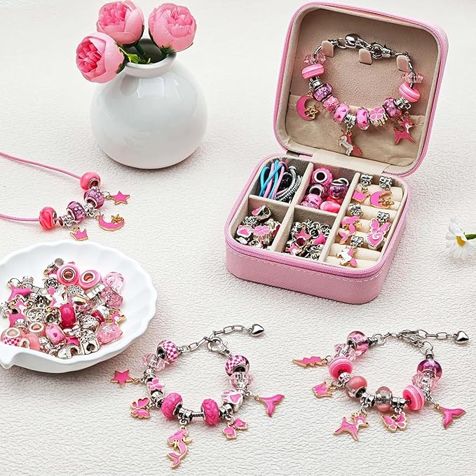 ONADEBY DIY Bracelet Kit with Beads & Charms - Friendship Jewelry Making Kit, A Perfect Birthday and Christmas Craft Gifts with Box Bag Packing (Pink)