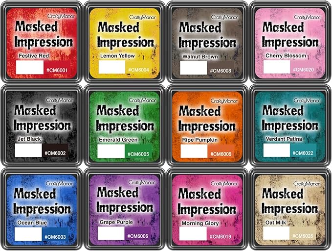 CraftyManor Masked Impression Mini Ink Pads for Stamps, Water Based Smudge Chalk Stamp Pad for Scrapbooking, Journaling, Card Making, DIY Craft Scrapbook Supplies for Adults (12 Colors)