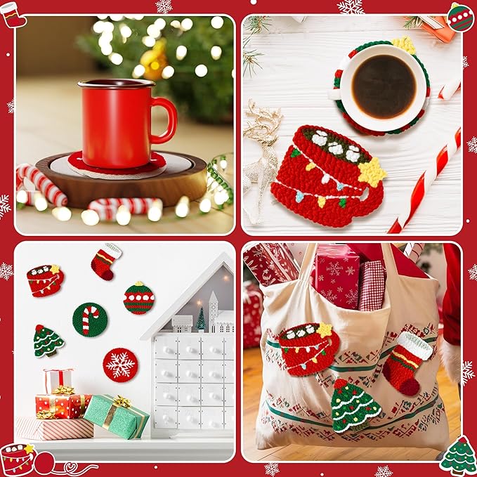 WATINC Christmas Punch Needle Coaster Kit - 23Pcs Easy Art Work Decor Craft Supply for Beginners, DIY Set of 6 Unique Pattern Tufted Pads with Adhesive Felt Yarn Tools Coaster Holder Instruction (Red)