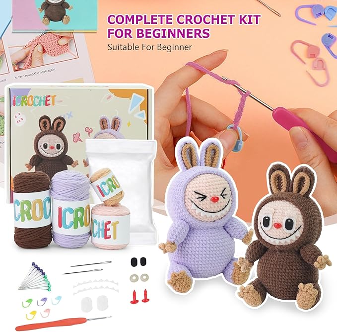 Crochet Kit for Beginners, 2 PCS Crochet Starter Kit with Step-by-Step Video Tutorials, Include Easy Knitting Soft Yarn, Christmas Birthday Gift for Adults and Kids
