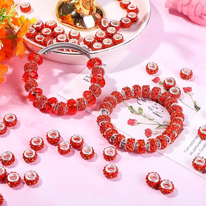 AIPRIDY European Large Hole Beads, Colorful Glass Charm Beads Set, Assorted Patterns and Designs (red+Green+lenmon)