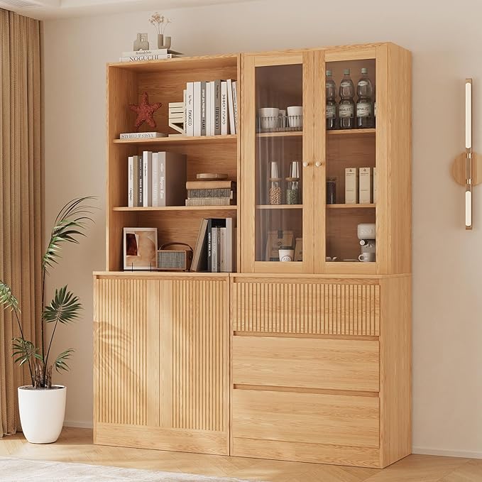 TUSY 71'' Freestanding Tall Storage Cabinet, 5 Tier Wood Bookcase with 3 Drawers and 2 Tempered Glass Doors, Large Floor Cabinet, Combination Storage Shelves for Living Room, Home Office (DCCD)