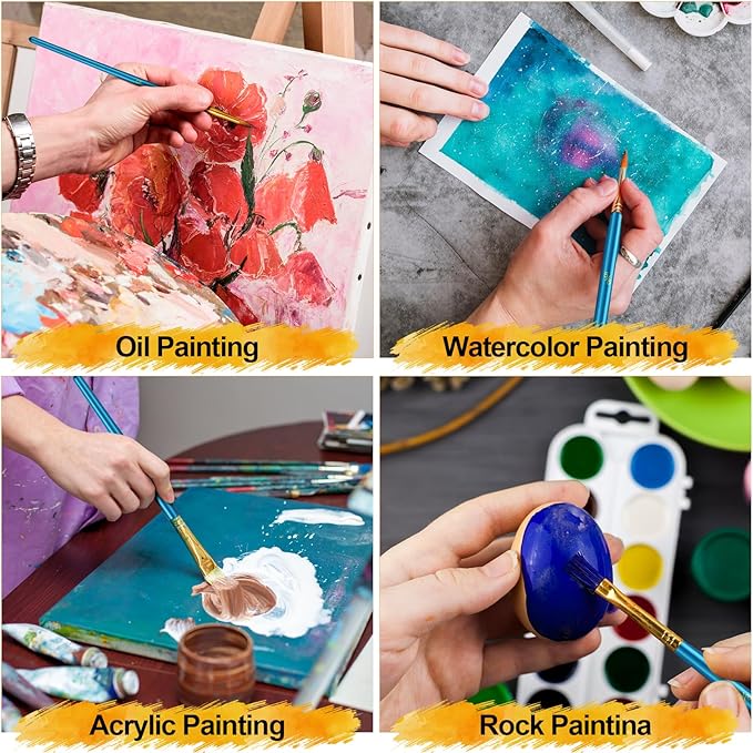 Acrylic Paint Brushes Set, 50Pcs Round Pointed Tip Artist Paintbrushes for Acrylic Painting Oil Watercolor Canvas Boards Rock Body Face Nail Art, Halloween Pumpkin Ceramic Crafts Supplies，Blue