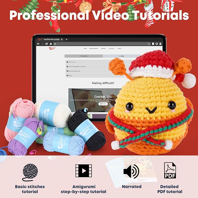 CrochetBox Crochet Kit for Beginners Adults - Christmas Bee Starters Crochet Kit, Beginners Crocheting Kitting for Adults Teen, Craft Gifts with Crochets Yarns, Hook, Step-by-Step Video, Instruction