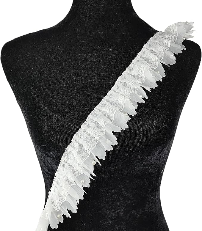 3 Yards White Pleated Lace Chiffon Fabric Elastic Lace Trim for Wedding Bridal Dress Decoration DIY Sewing Clothing Decoration, 2 Inch