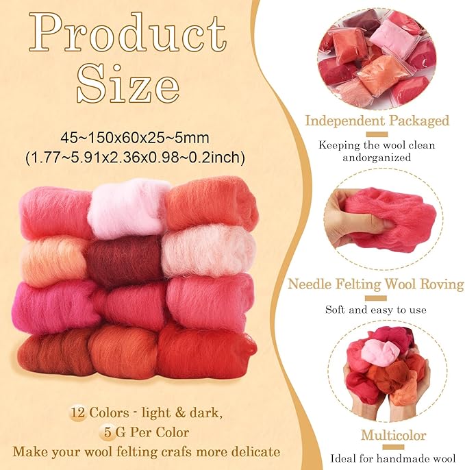 FASHEWELRY 2.1 OZ Needle Felting Wool Roving Set Pink Theme Nature Wool Roving 12 Colors Wool Felting Supplies for Needle Felting Wet Felting DIY Hand Spinning
