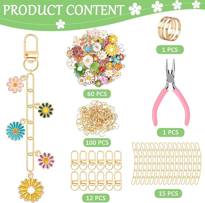 AUGSUN 189Pcs Keychain Making Kit, Charm Jewelry Chain Making Crafts Including 60 Charms 12 Keychain Clips Hooks 15 Extender Chains 100 Jump Ring and Jewelry Plier for Crafts (Flower)