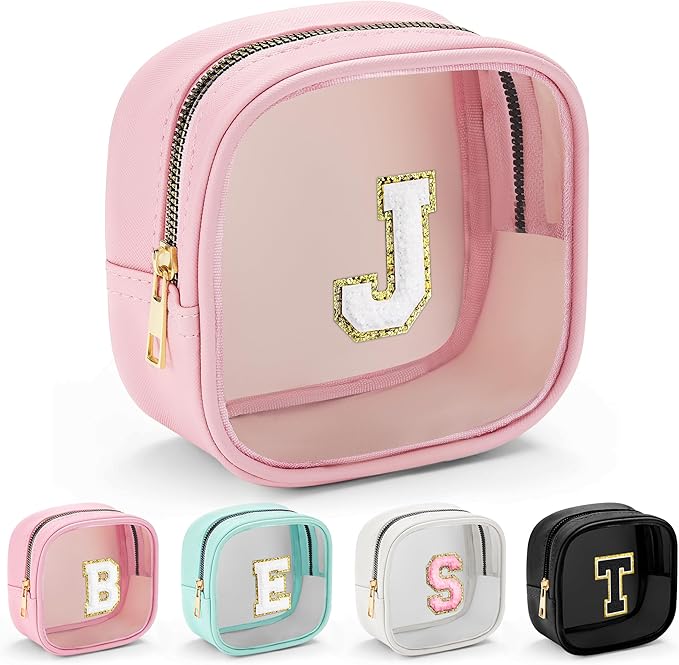 YOOLIFE Mini Initial Makeup Bag | Clear Makeup Bag | Preppy Cosmetic Bags Travel Essentials Gifts for Women Teen Girlfriend Teacher Birthday Clear Toiletry Bag Small Cosmetic Bag for Purse Pink J