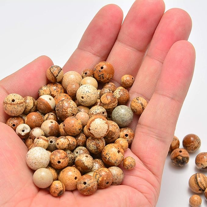 NCB 100pcs Natural Stone Beads Round Loose Beads 6mm with Elastic String and Beading Needle for Jewelry Making DIY Bracelet Necklace, Stretch Unisex (Yellow Picture Jasper, 6mm 100Beads)