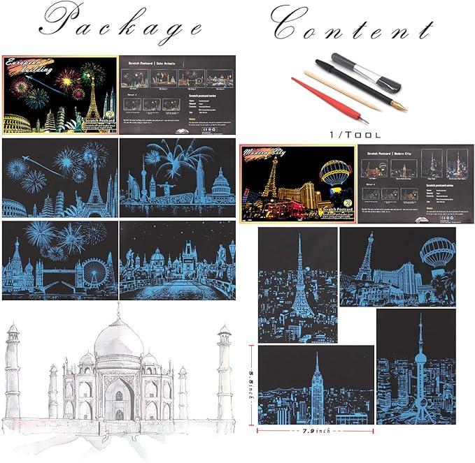 Scratch Rainbow Painting Art Postcards,Scratch & Sketch Art for Kids & Adults,Scratch Painting Creative Gift Engraving Art & Craft Set,Mini Envelope Postcard with 4 Tools,7.9''x5.5''(Modern Series)