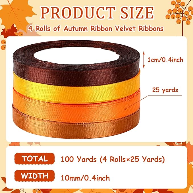DECYOOL Fall Ribbons, 4 Rolls 100 Yards Fall Satin Ribbons 10mm Wide Autumn Thanksgiving Ribbon for Gift Wrapping and DIY Crafts (Orange, Yellow, Brown)