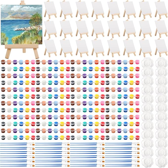 24 Pack Mini Canvas Boards and Easel Paint Set,24 Canvas and Easel,12 Colors Acrylic Paint Strips,48 Brushes,24 Palettes,Washable Acrylic Paint Set for Painting Crafts Party Favors(5.9"x5.9")