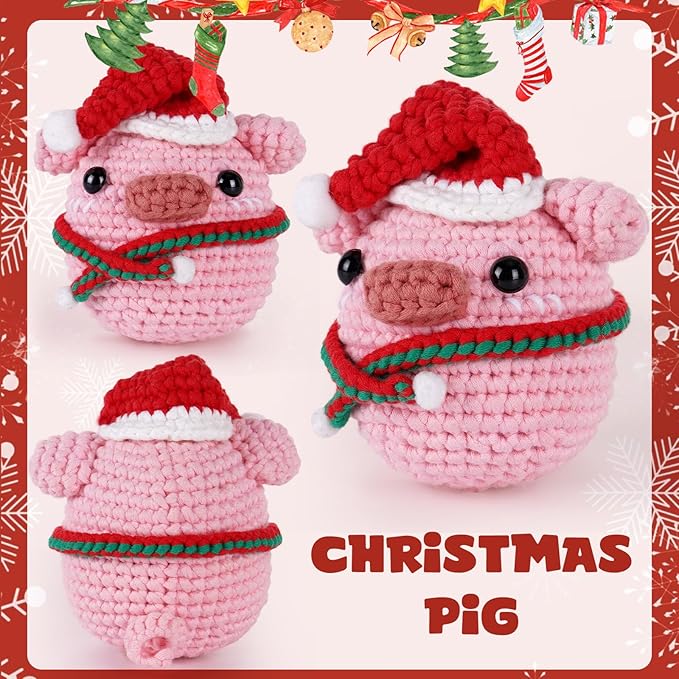CrochetBox Crochet Kit for Beginners Adults - Christmas Pig Starters Crochet Kit, Beginners Crocheting Kitting for Adults Teen, Craft Gifts with Crochets Yarns, Hook, Step-by-Step Video, Instruction