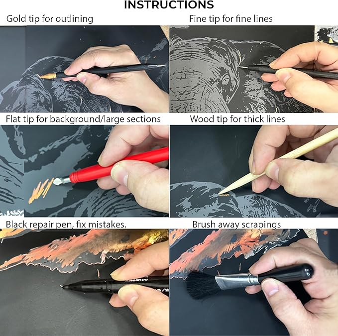 Polia ASMR Glitter Scratch Art Set (Satisfying) 5-Pack Canvas (4 Animals, 1 Freestyle, 1 Toolkit) - Art Supplies, Tools & Repair Pen - Large 16x11 inches - Relaxing Etch Sound Art Kit