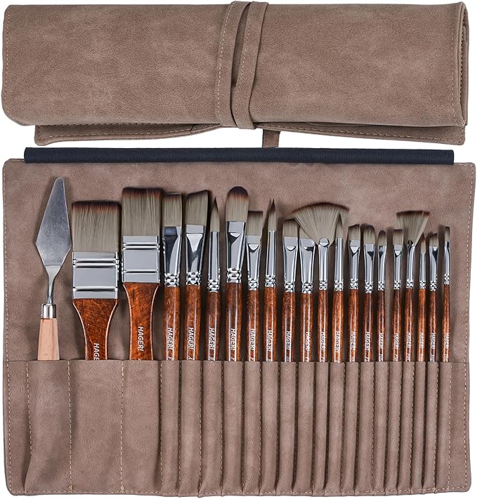 20 Pieces Paint Brushes, Expert Synthetic Nylon Bristles Paint Brush Kit with Palette Knife & Suede Leather Roll, Paint Brushes Set for Oil, Acrylic, Watercolor, Gouache and Detail Paintings