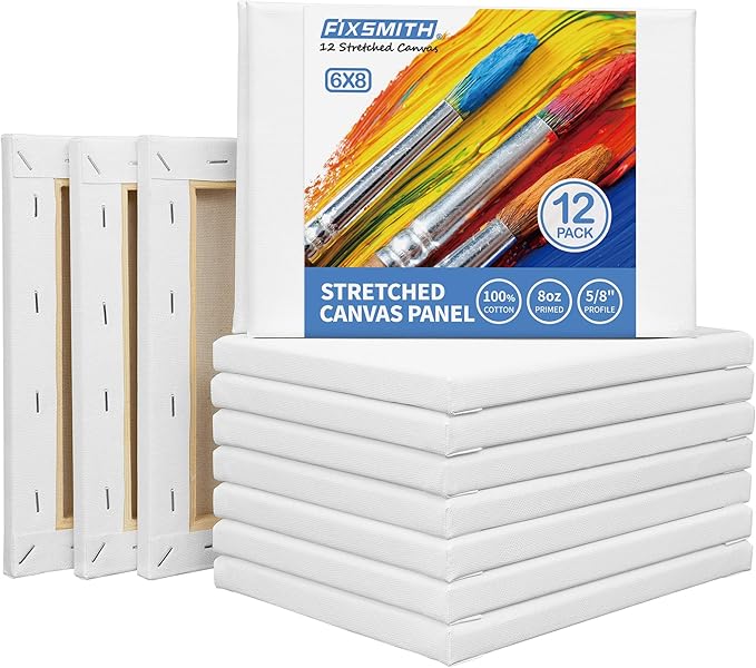 FIXSMITH Stretched Canvas- 6x8 Inch, Bulk Pack of 12, White Blank Canvases for Painting, Primed,100% Cotton,5/8 Inch Profile of Super Value Pack for Acrylics,Oils & Other Painting Media.