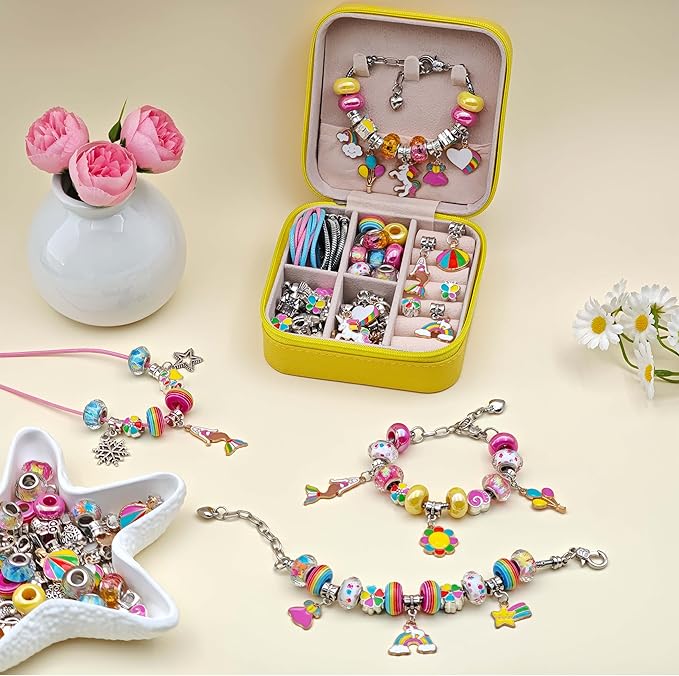 ONADEBY DIY Bracelet Kit with Beads & Charms - Friendship Jewelry Making Kit, A Perfect Birthday and Christmas Craft Gifts with Box Bag Packing (Yellow Colored)