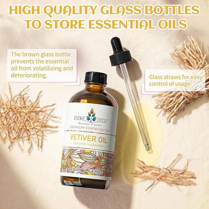 EVOKE OCCU Pure & Natural Vetiver Essential Oil for Skin, DIY, Candle and Soap Making - 4 Fl Oz