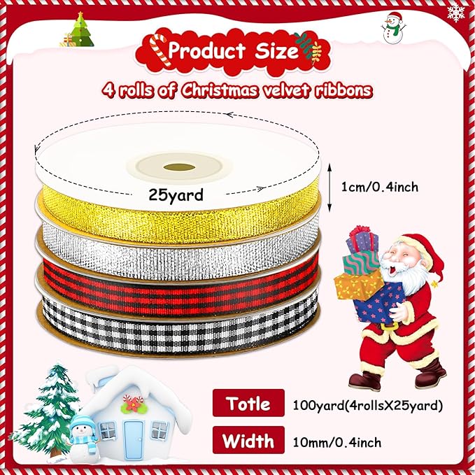 DECYOOL Christmas Ribbons, 4 Rolls 100 Yards Christmas Satin Ribbons 10mm Wide Holiday Craft Ribbons for Gift Wrapping and Xmas Decoration, Gold & Silver & Red Black Plaid & Black White Plaid