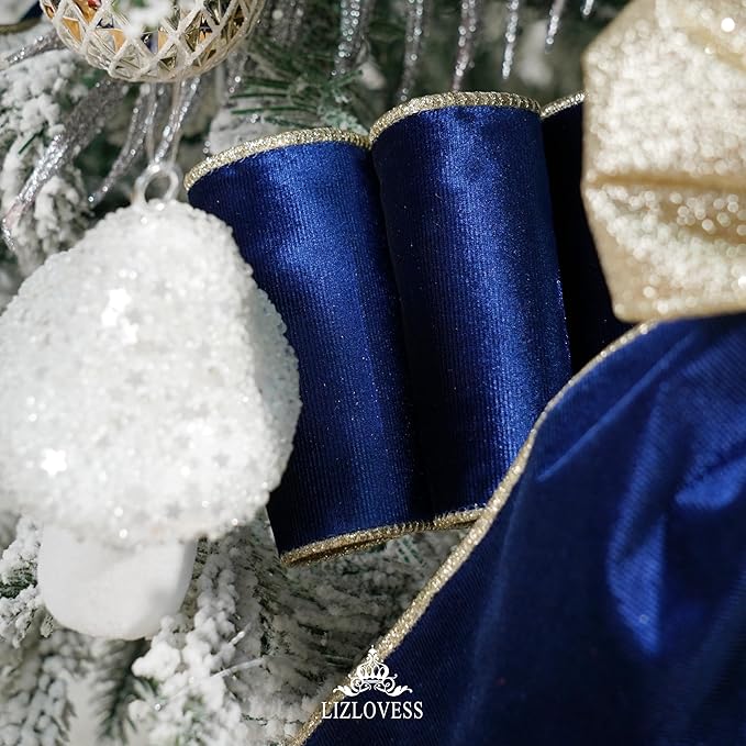 Blue Velvet Wired Ribbon with Glitter Back 4 Inch Navy Blue and Gold Christmas Ribbon Wired Ribbon for Christmas Tree, Gift Wrapping, Mantel, Wreaths Supplies, Topper Bows (10 Yards)