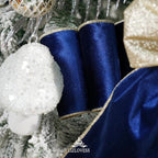 Blue Velvet Wired Ribbon with Glitter Back 4 Inch Navy Blue and Gold Christmas Ribbon Wired Ribbon for Christmas Tree, Gift Wrapping, Mantel, Wreaths Supplies, Topper Bows (10 Yards)