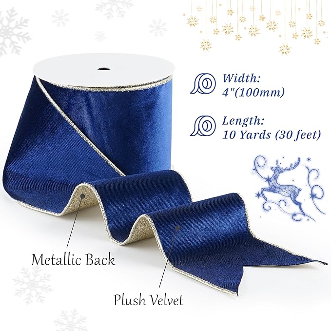 Blue Velvet Wired Ribbon with Glitter Back 4 Inch Navy Blue and Gold Christmas Ribbon Wired Ribbon for Christmas Tree, Gift Wrapping, Mantel, Wreaths Supplies, Topper Bows (10 Yards)