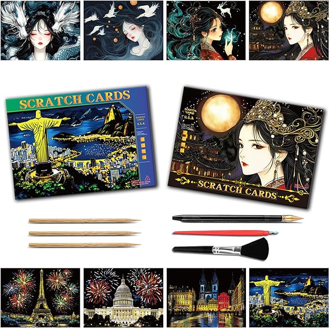 Iskueal Scratch Art Painting Set for Adults – 8 Sheets A4 Rainbow Scratch Paper,Night Scene Engraving Art Kit Creative Craft Art Set for Craft Enthusiasts (Brazilian Statue/Person)