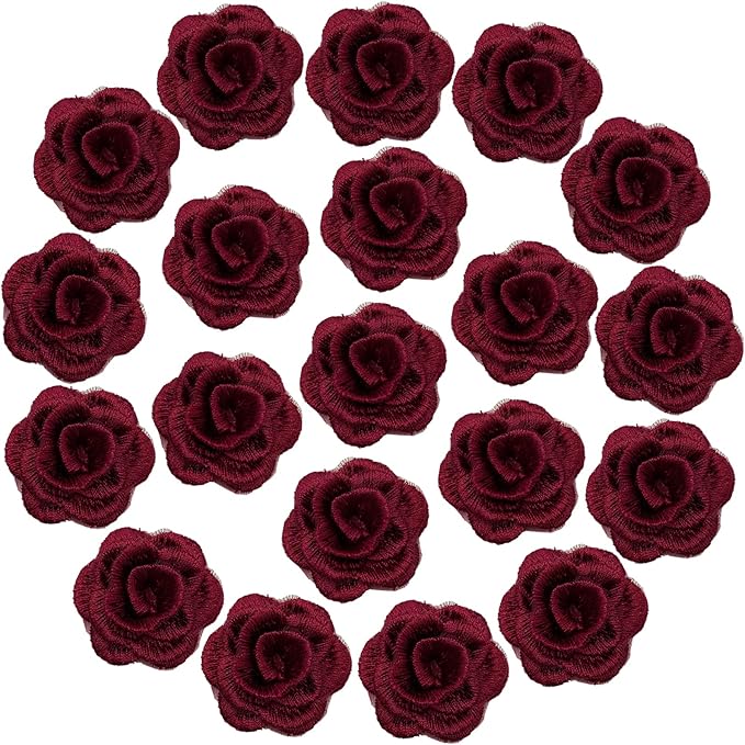 20pcs Flower Lace Applique Exquisite 3D Embroidery Floral Sew On Patches for Wedding Bridal Dress Clothes Repairing Hair Ornaments Sewing Craft DIY (Wine Red)