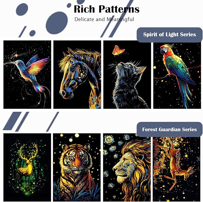 Scratchboard Art for Adult Luminous Scratch Painting Kits, A5 Scratch Art Rainbow Painting Paper 8 Sheet with 4 Tools, Scratchboard for Teens & Adults, Fun Creative Craft Toy/Gifts/Decor, Animals