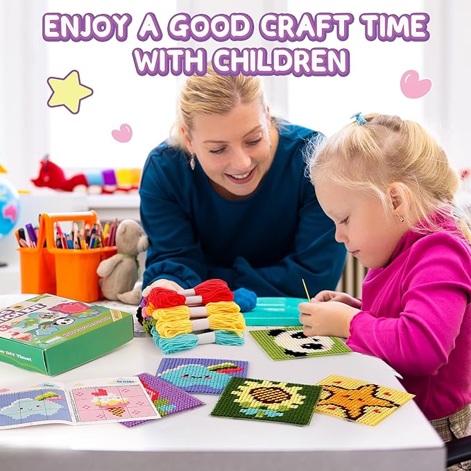 Caydo 8-in-1 Cross Stitch Kit for Beginners Kids, Includes 8 PCS Plastic Canvas with Pre-Patterns, 13 Colors Threads, Instructions, Embroidery Needles for Beginners Sewing