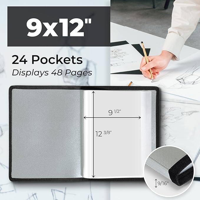 Dunwell Art Portfolio 9x12 Folder (Silver), Black Mounting Paper, Portfolio Binder for Artwork, 9 x 12 Art Folder, 24 Pockets Display 48 Pages, Acid-Free Poly Presentation Book