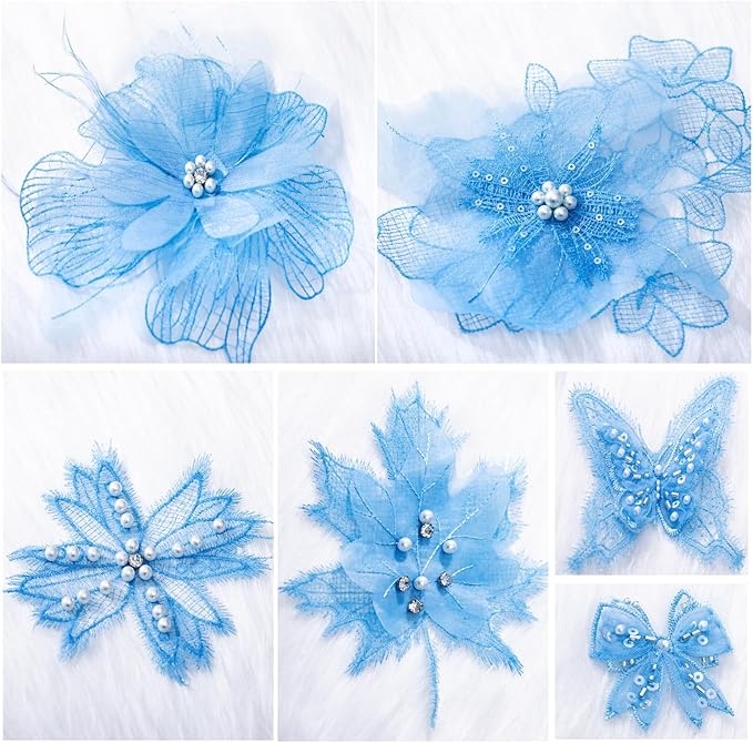 6 Pieces 3D Flower Lace Embroidery Butterflies Appliques Pearl Patches for Repairing and Decorating, Sewing Craft Clothing Jeans Jackets Bags (Blue)