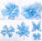 6 Pieces 3D Flower Lace Embroidery Butterflies Appliques Pearl Patches for Repairing and Decorating, Sewing Craft Clothing Jeans Jackets Bags (Blue)