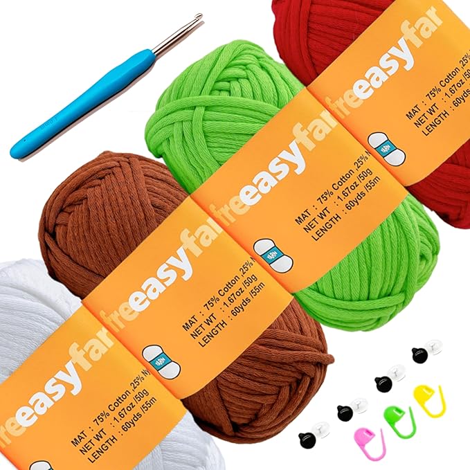4x50g Beginner Easy Yarn for Crocheting and Knitting; Worsted-Weight Medium #4;Crocheting and Knitting kit with Tool Set (Red+Green+Latte+White, 4 Skein)
