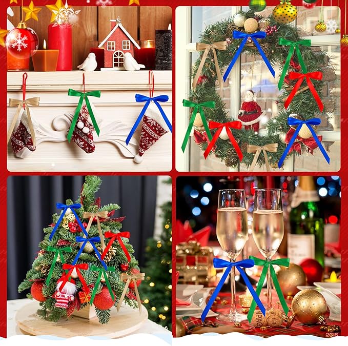 DECYOOL Christmas Ribbons, 4 Rolls 100 Yards Christmas Satin Ribbons 10mm Wide Holiday Craft Ribbons for Gift Wrapping and Xmas Decoration, Red & Green & Royal Blue & Champagne Gold