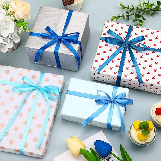 DECYOOL 4 Rolls 100 Yards Blue Satin Ribbons for Gift Wrapping, 10mm Wide Assorted Shades of Blue Thin Ribbon for DIY Crafts Wedding Decor, Baby Shower