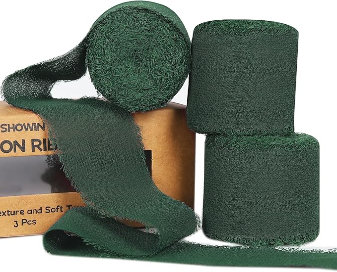 3 Rolls Dark Green Handmade Fringe Chiffon Ribbon 1.5" x 7Yd Silk-Like Colorful Rustic Ribbon for Bouquets Wrapping Decor Wedding Tie Invitations Crafts