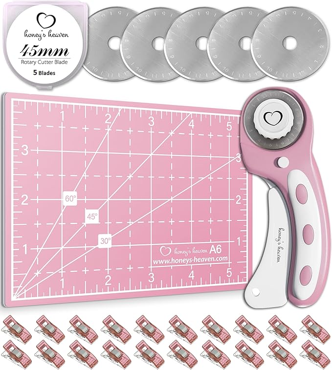 Rotary Cutter Set - Quilting Kit incl. 45mm Fabric Cutter, 5 Replacement Blades, A6 Cutting Mat and Craft Clips - Ideal for Crafting, Sewing, Patchworking, Crochet & Knitting (Pink, A6)