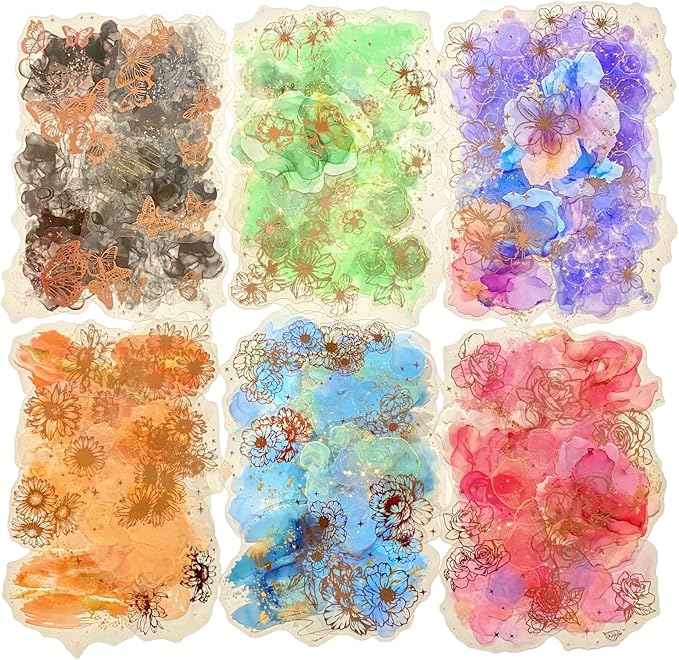 TIAMECH Starlight Flower Charm PET Stickers - 60 Pcs Orchid Peony & Sunshine Sweet Blossom Design, Waterproof Sticker for Journaling & Scrapbooking, Junk Journal Supplies, Ephemera & DIY Crafts