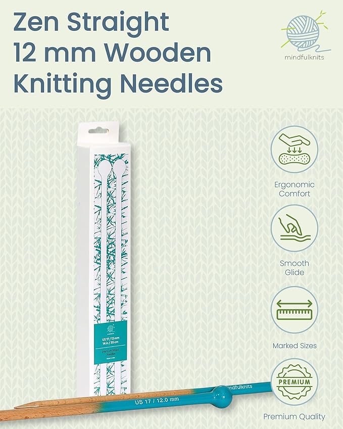 mindfulknits Premium Straight Single Pointed Beech Wood Knitting Needles – Size US 17, 12mm – 35cm Length – Knitting Supplies for Relaxation & Stress Relief (US17,12mm)