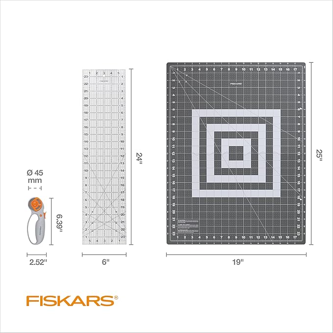 Fiskars Loop Set, Rotary Cutter with 45mm Steel Blade, Sewing Ruler for Precise Measures, Folding Cutting Mat for All Fabric Cutting Needs, Grey