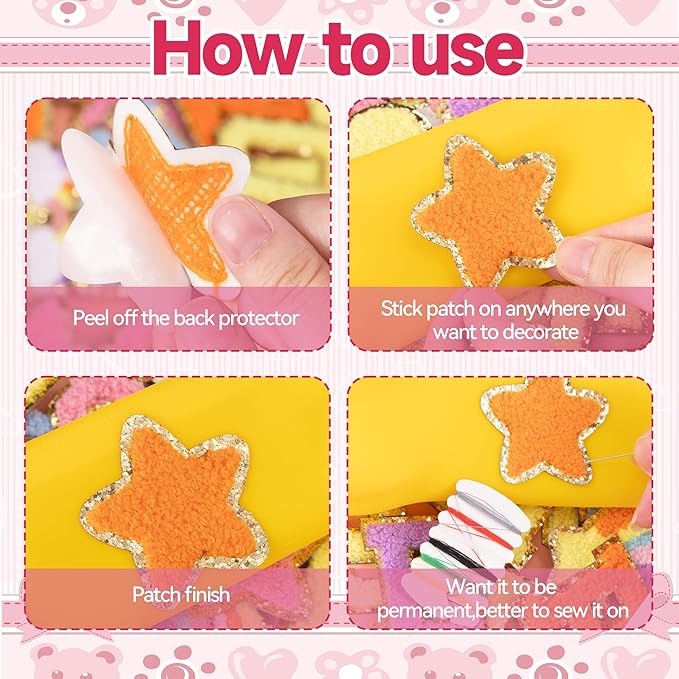 72 Pcs Preppy Cute Embroidered Chenille Letter Patches Self Adhesive,Include 52 A-Z Varsity Letters Patches,20 Star Heart Rainbow Meteor Sew on Repair Patches Boho Stickers for Jackets Backpacks Hats