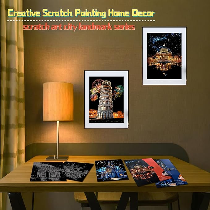 Scratch Art for Adults-Laser Scratch Painting Craft Kit (8 Sheets 16x11 in)|Foil Engraving Art Set|Stress Relief Gift for Travel Lovers,Craft Lovers|Creative Scratch Art Home Decor(Europe Series)