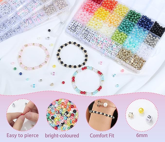 XIANNVXI 1260pcs Pearl Beads Kit for Friendship Bracelet 18color 6mm Colorful Pearl Kandi Letter Beads Kit for Jewelry Making DIY Crafts