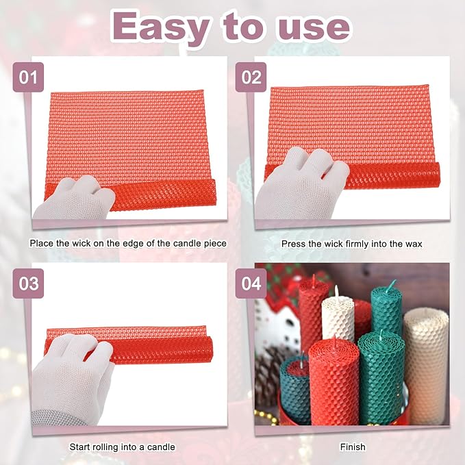 MECCANIXITY Beeswax Candle Making Kit,8x8 Inch 5pcs Red Beeswax Candle Sheets with 1pcs Cotton Wick for DIY Craft Gift Making