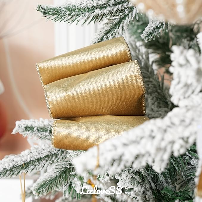 Khaki Velvet Wired Ribbon with Glitter Back 4 Inch Gold Christmas Ribbon Wired Camel Ribbon for Christmas Tree Decorations, Gift Wrapping, Crafts, Wreaths Supplies, Bows (10 Yards)